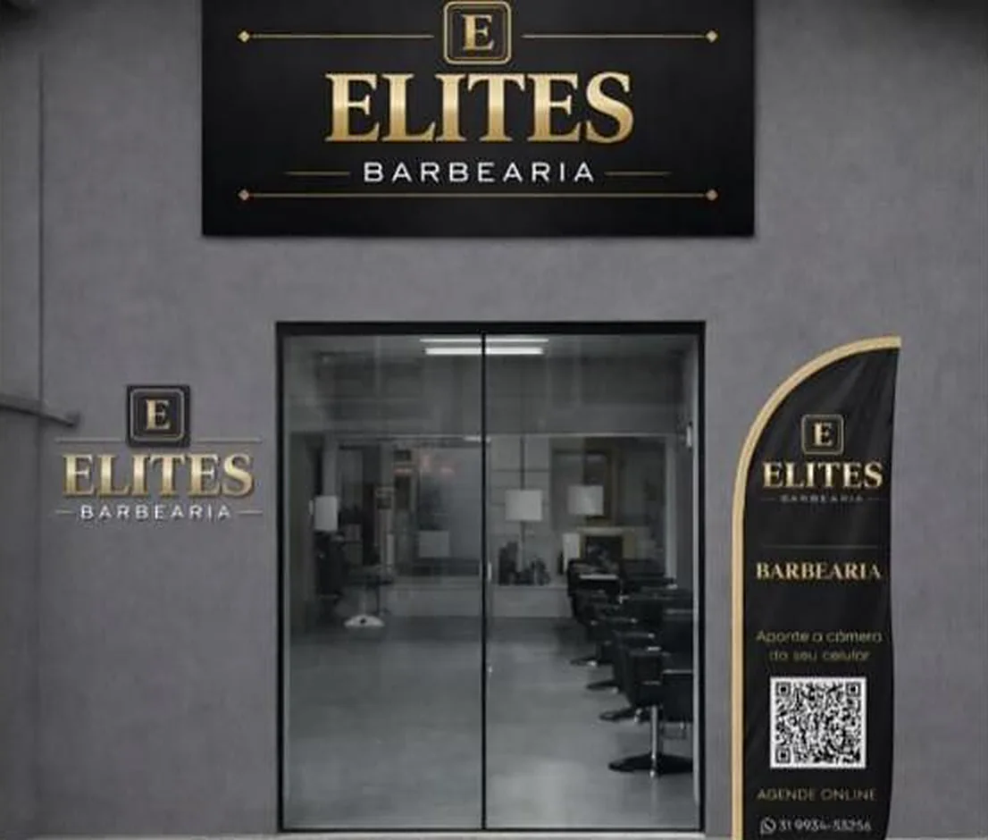Fachada da Elites Barbearia com letreiro dourado